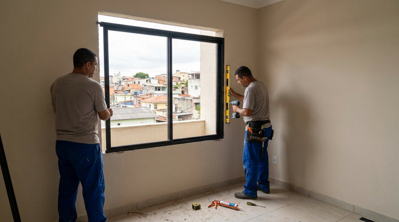 Esquadria de alumínio em quarto bege em Itajaí-SC