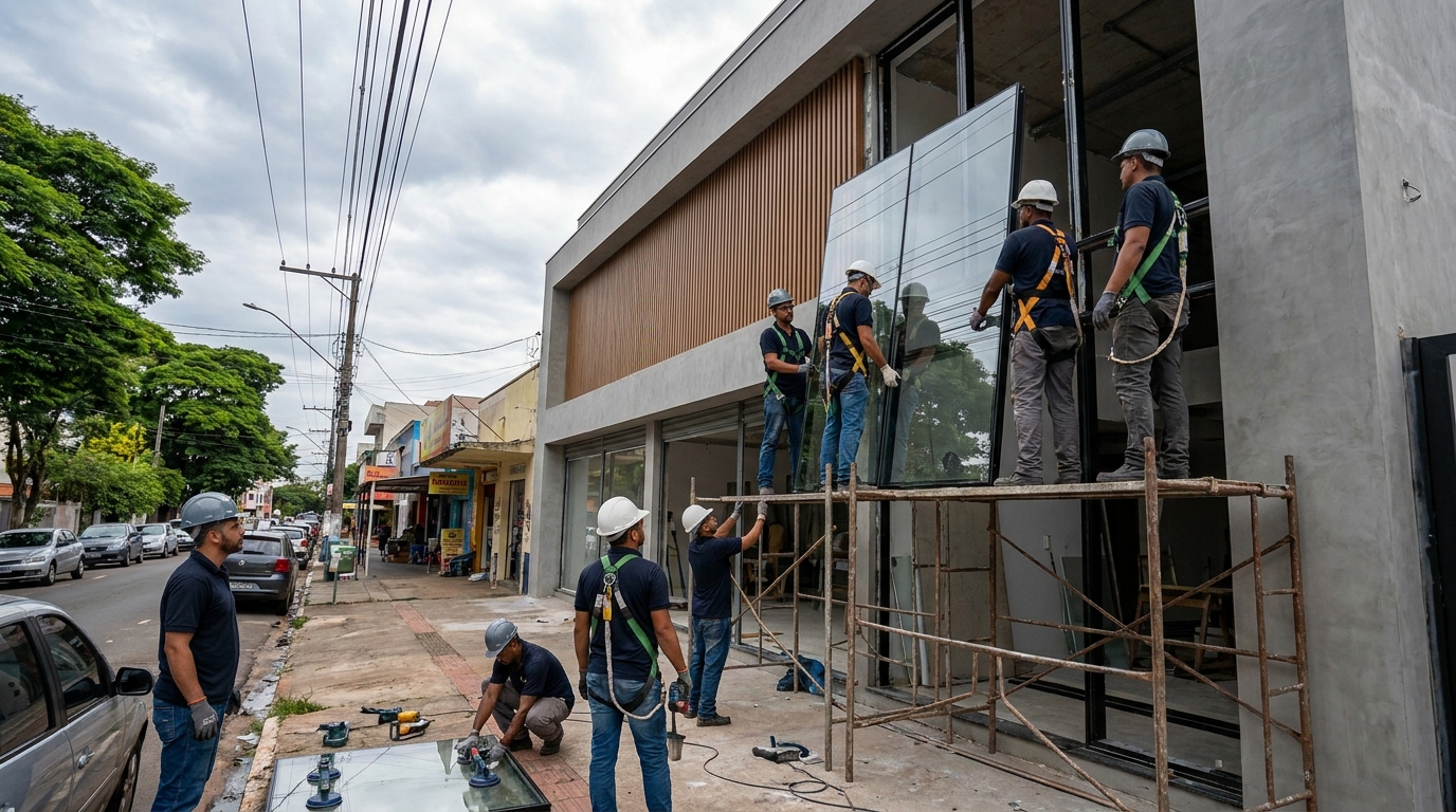 Fachada de vidro com andaime lateral em Itajaí-SC