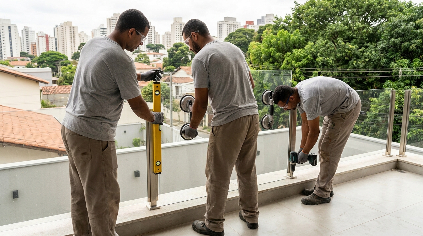 Guarda-corpo em terraço alto com vista cidade em Itajaí-SC